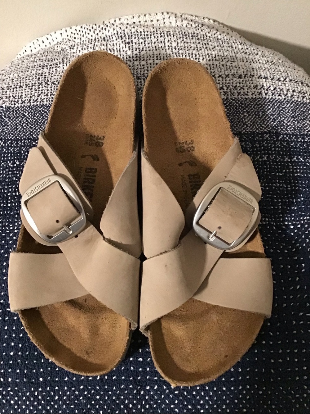 Birkenstock Taupe Crisscross Sandals with Silver Buckles